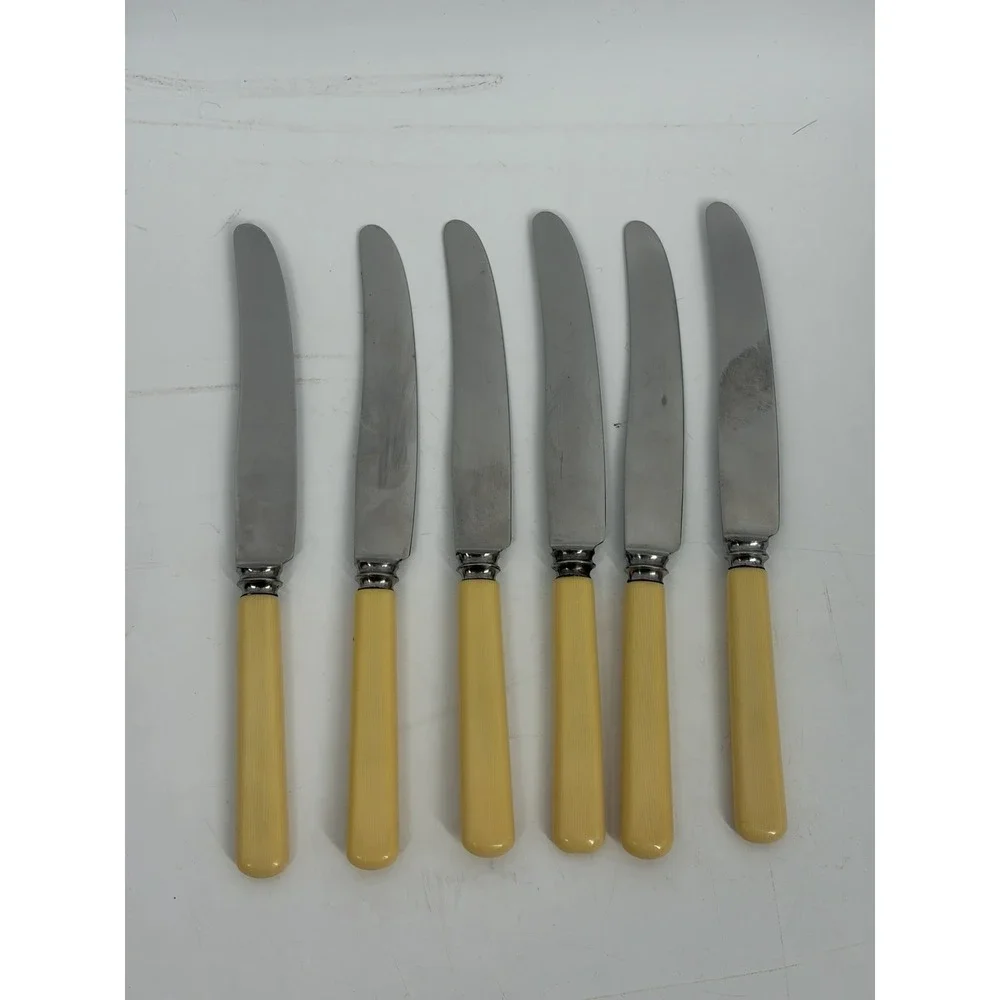 Vintage Sheffield Dinner Knives Set 6‎ Yellow Handle MCM Retro Flatware